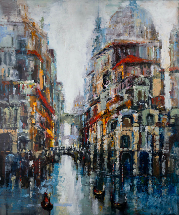 Gallery-level fine art canvas featuring a rich, textured Venetian cityscape with detailed architecture and gondolas under. - Venetian Perspective 2/AP/#531 - Artist Proofs, Cityscape AP, Rolled Canvas, Water Scenes AP