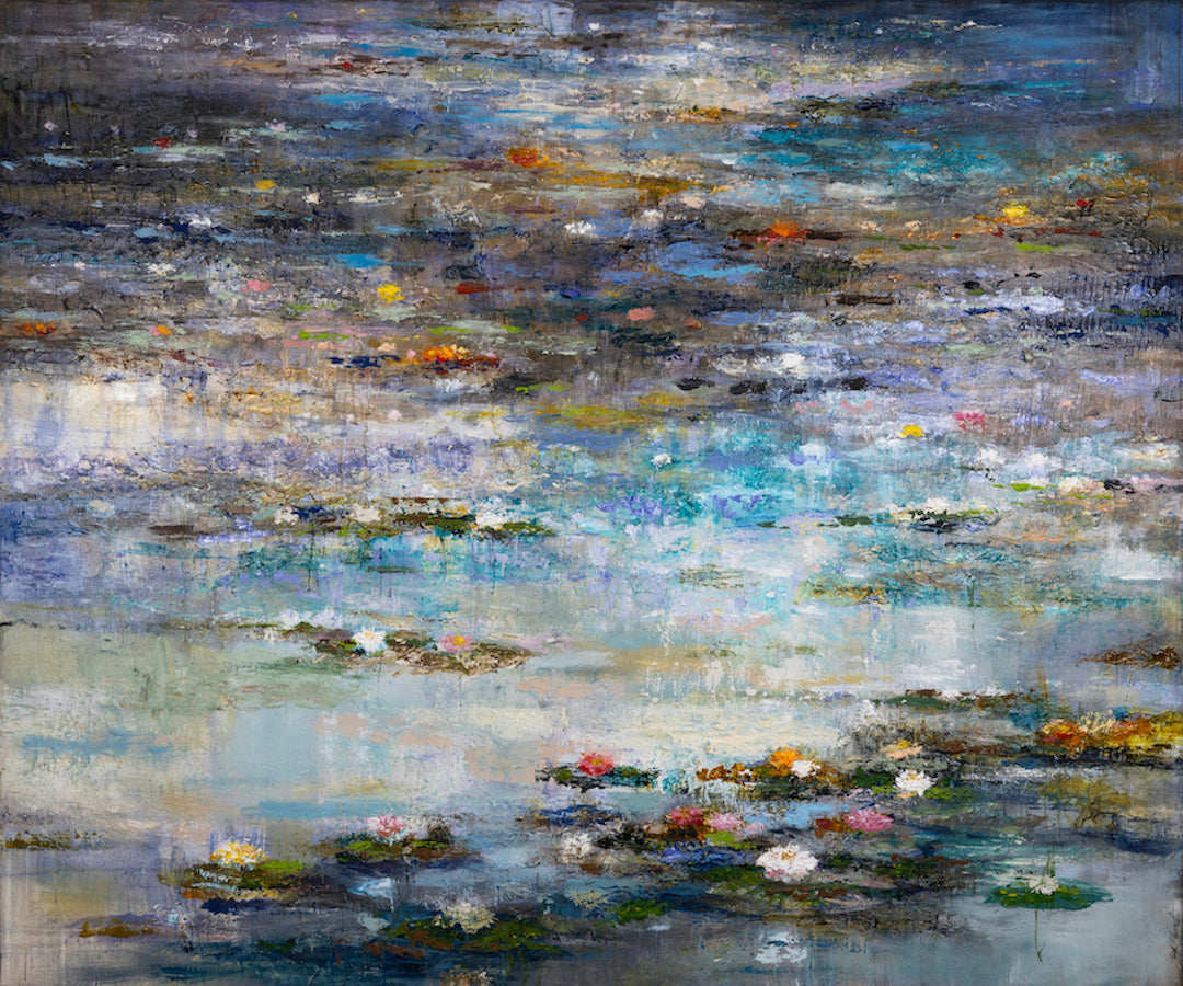 Gallery-level fine art canvas depicting a rich, textured water scene with layered brushstrokes and soft reflections in blue, . - Pondering 3/AP/#532 - Artist Proofs, Landscape AP, Rolled Canvas, Water Scenes AP