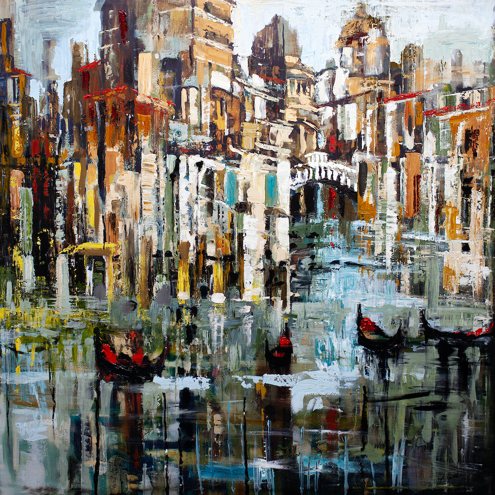 Limited edition fine art canvas depicting a rich, textured Venice cityscape with gondolas on reflective water, showcasing. - Venice Bridge 2/AP/#533 - Artist Proofs, Cityscape AP, Rolled Canvas, Water Scenes AP
