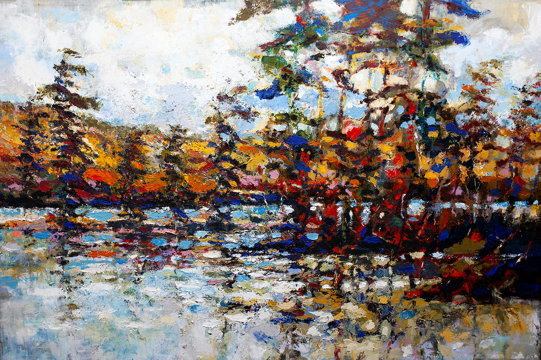 Gallery-level fine art landscape with rich autumn trees reflected in a calm lake on textured canvas showcasing expert. - Northern Highs 2/AP/#534 - Artist Proofs, Landscape AP, Rolled Canvas, Water Scenes AP