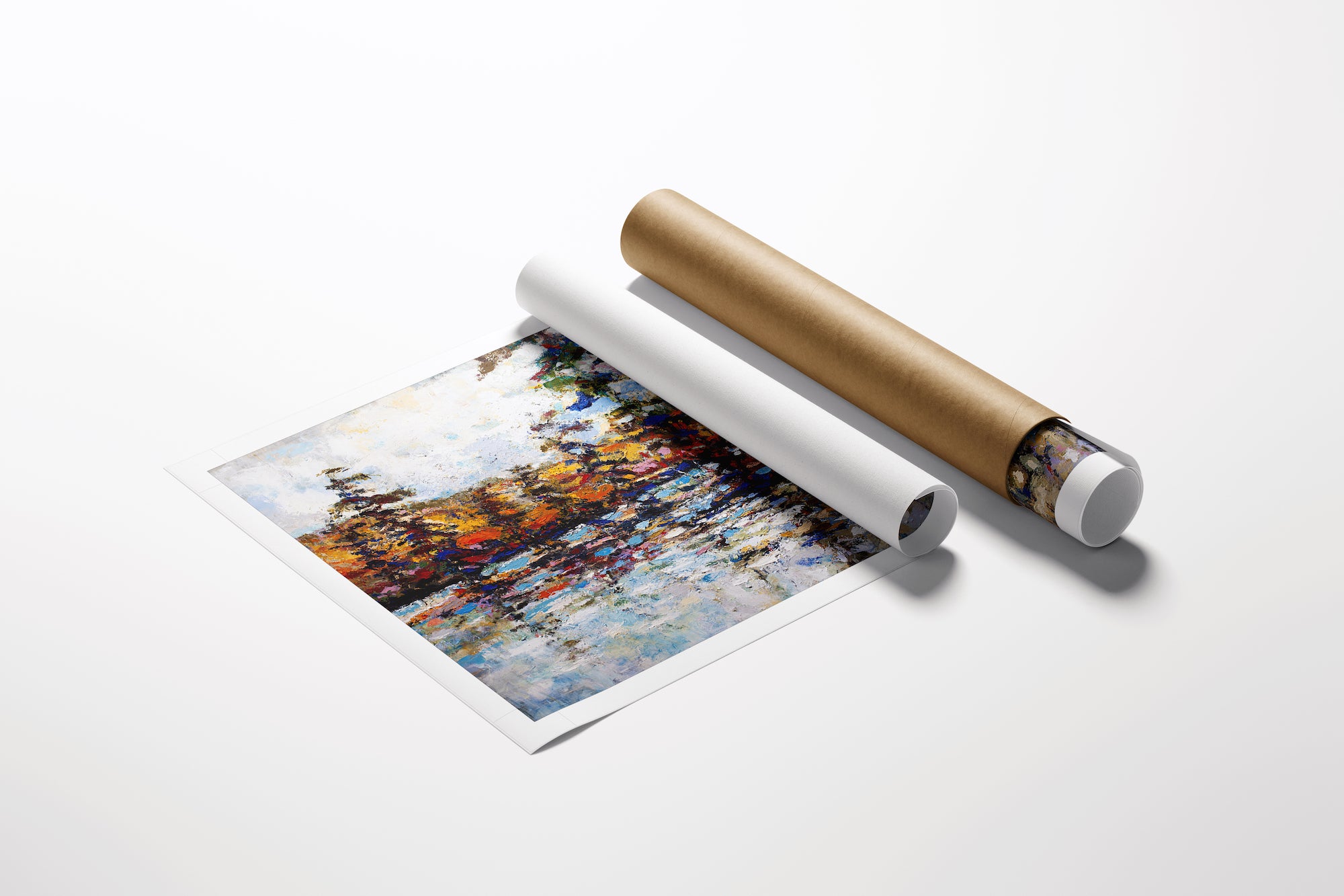 Limited edition fine art landscape on rolled canvas featuring rich, textured brushstrokes in warm autumn hues and cool water . - Northern Highs 2/AP/#534 - Artist Proofs, Landscape AP, Rolled Canvas, Water Scenes AP