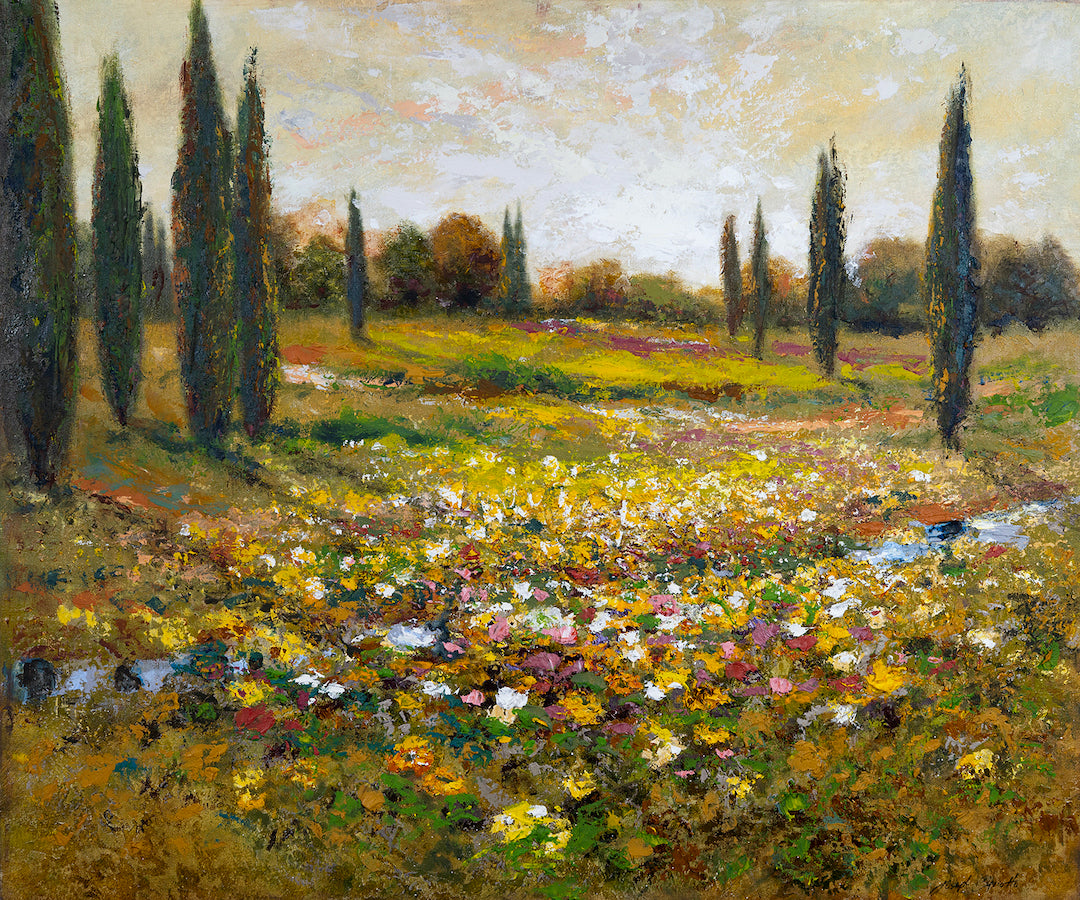 Tuscan meadow landscape with tall cypress trees, vibrant wildflowers, and textured brushstrokes in warm, rich tones. - Tuscan Meadow/AP/#536 - Artist Proofs, Landscape AP, Rolled Canvas