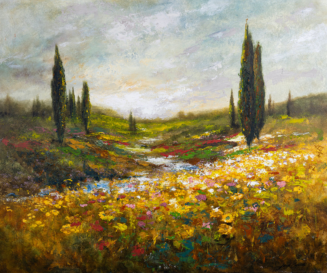 Limited fine art landscape featuring rich wildflowers and tall cypress trees under a soft cloudy sky, gallery-level. - The Valley/AP/#537 - Artist Proofs, Landscape AP, Rolled Canvas