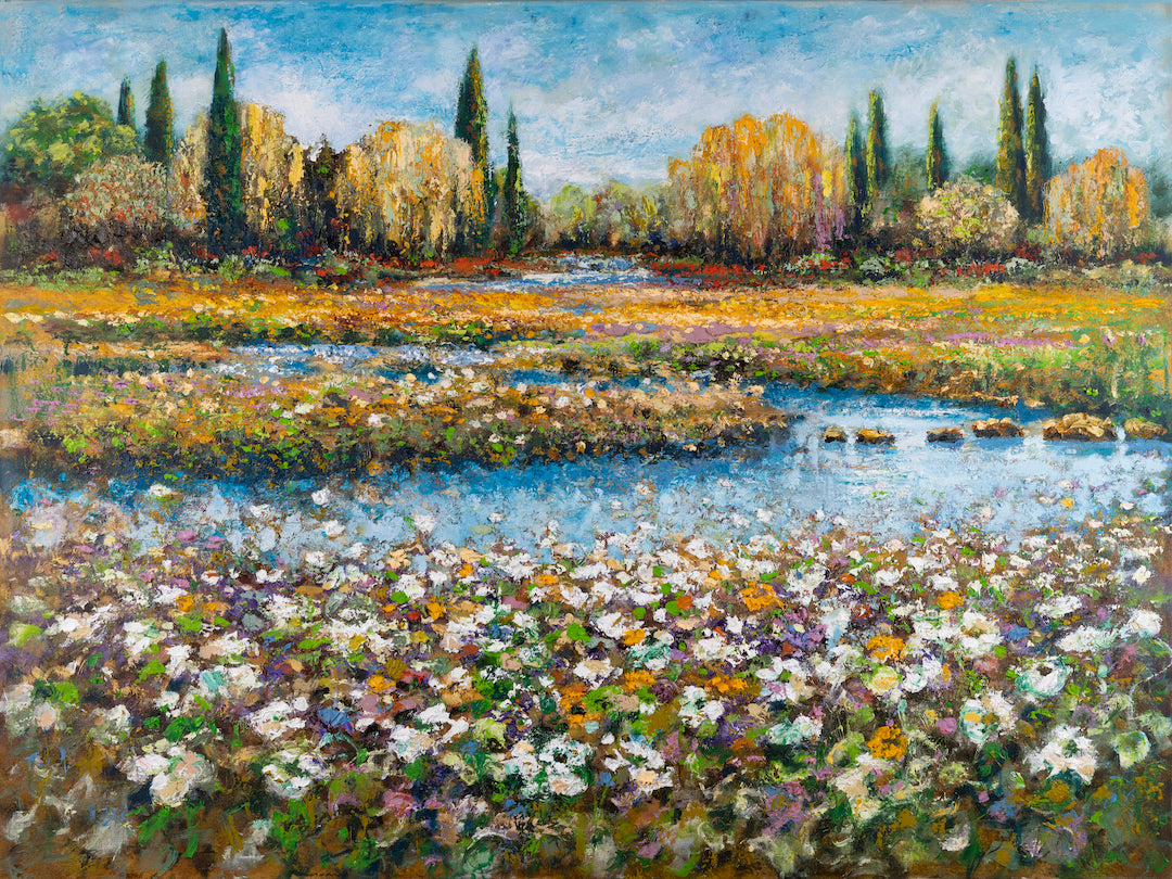 Gallery-level fine art landscape depicting a rich purple and gold floral foreground with a reflective water scene under a. - Purple and Gold 2/AP/#540 - Artist Proofs, Landscape AP, Rolled Canvas, Water Scenes AP