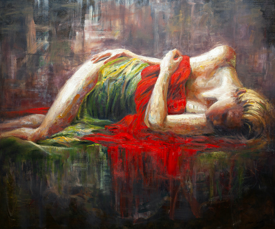 Richly textured fine art canvas depicting a reclining female figure draped in red and green fabric, showcasing exceptional. - Peaceful Sleep/AP/#542 - Artist Proofs, Figurative AP, Rolled Canvas