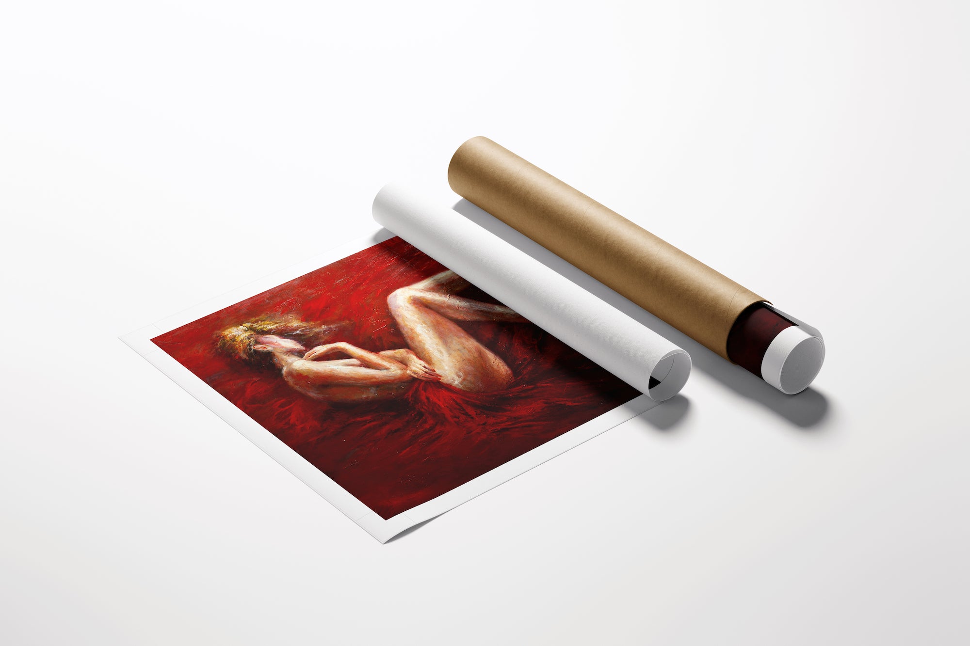 Limited edition fine art print titled Wrapped in Red, depicting a figurative nude woman against a rich red background,. - Wrapped in Red/AP/#543 - Artist Proofs, Figurative AP, Rolled Canvas