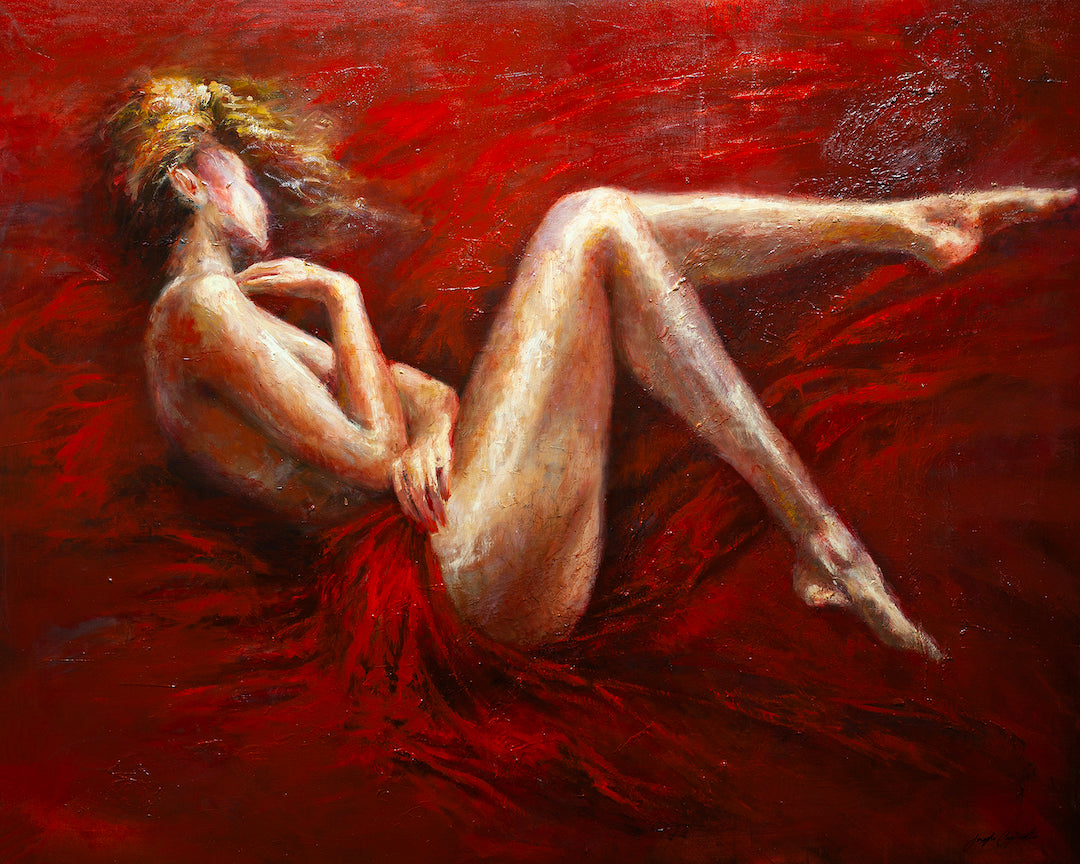 Limited fine art canvas depicting a reclining nude figure wrapped in rich red fabric, showcasing gallery-level craftsmanship . - Wrapped in Red/AP/#543 - Artist Proofs, Figurative AP, Rolled Canvas