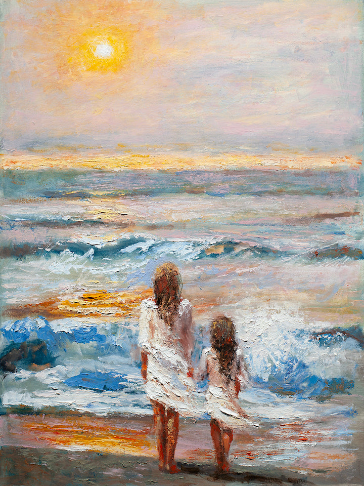 Limited fine art canvas featuring rich, textured seascape with warm sunlight and two children standing at shoreline,. - Nature's Beauty/AP/#544 - Artist Proofs, Figurative AP, Landscape AP, Rolled Canvas, Water Scenes AP