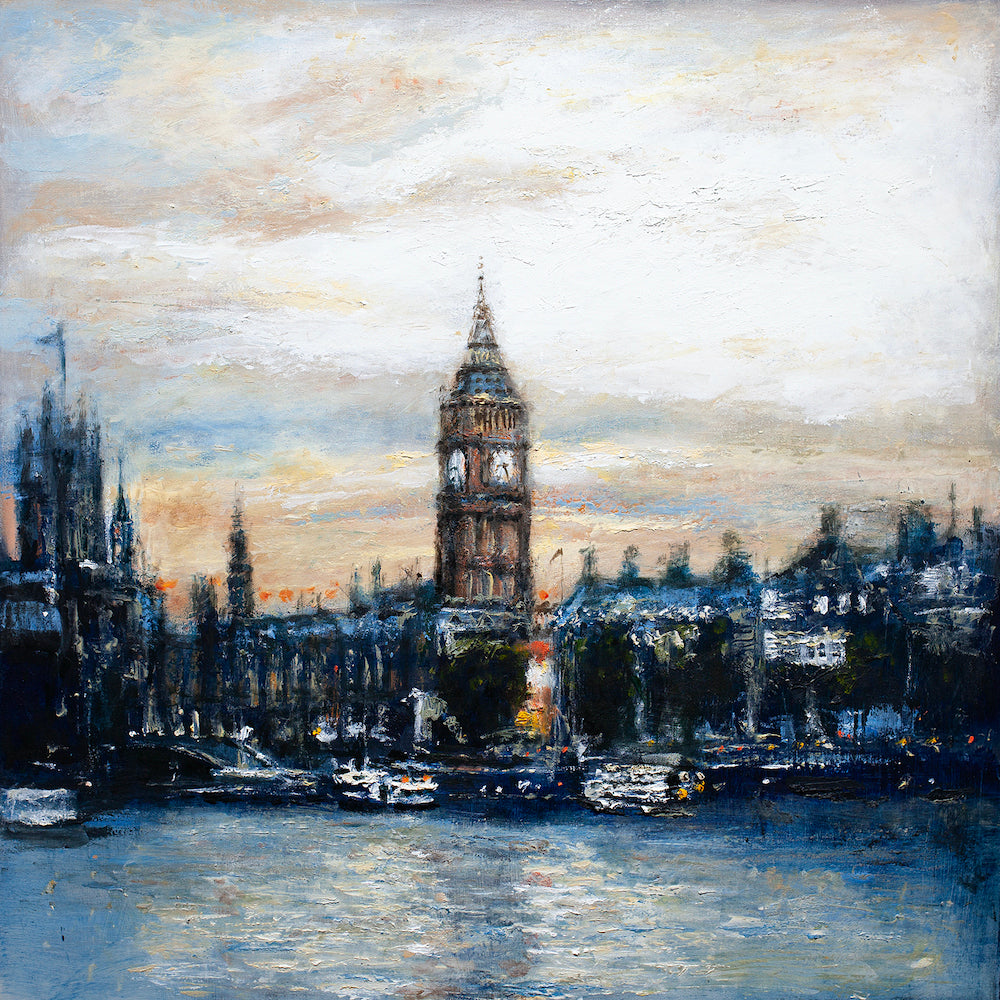 Limited fine art canvas featuring a rich, gallery-level London cityscape at dusk, showcasing detailed craftsmanship and. - London Night/AP/#546 - Artist Proofs, Cityscape AP, Rolled Canvas, Water Scenes AP