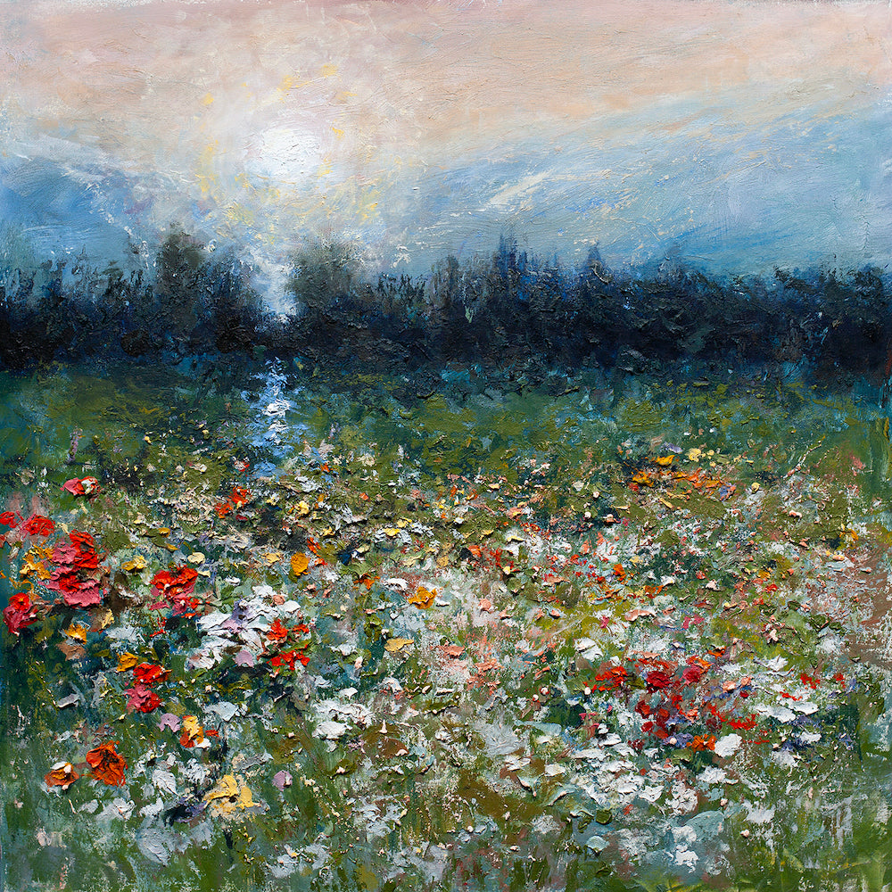 Rich fine art canvas featuring a lush meadow of blooming wildflowers under a soft, glowing sky with masterful craftsmanship. - Meadow Blossoms/AP/#550 - Artist Proofs, Floral AP, Landscape AP, Rolled Canvas