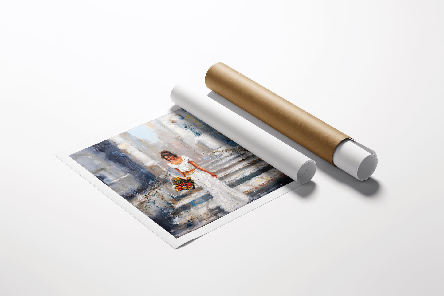 Rolled fine art canvas with rich, detailed Passion Flower figurative artwork in muted blues and warm oranges, highlighting. - Passion Flower/AP/#551 - Artist Proofs, Figurative AP, Floral AP, Rolled Canvas