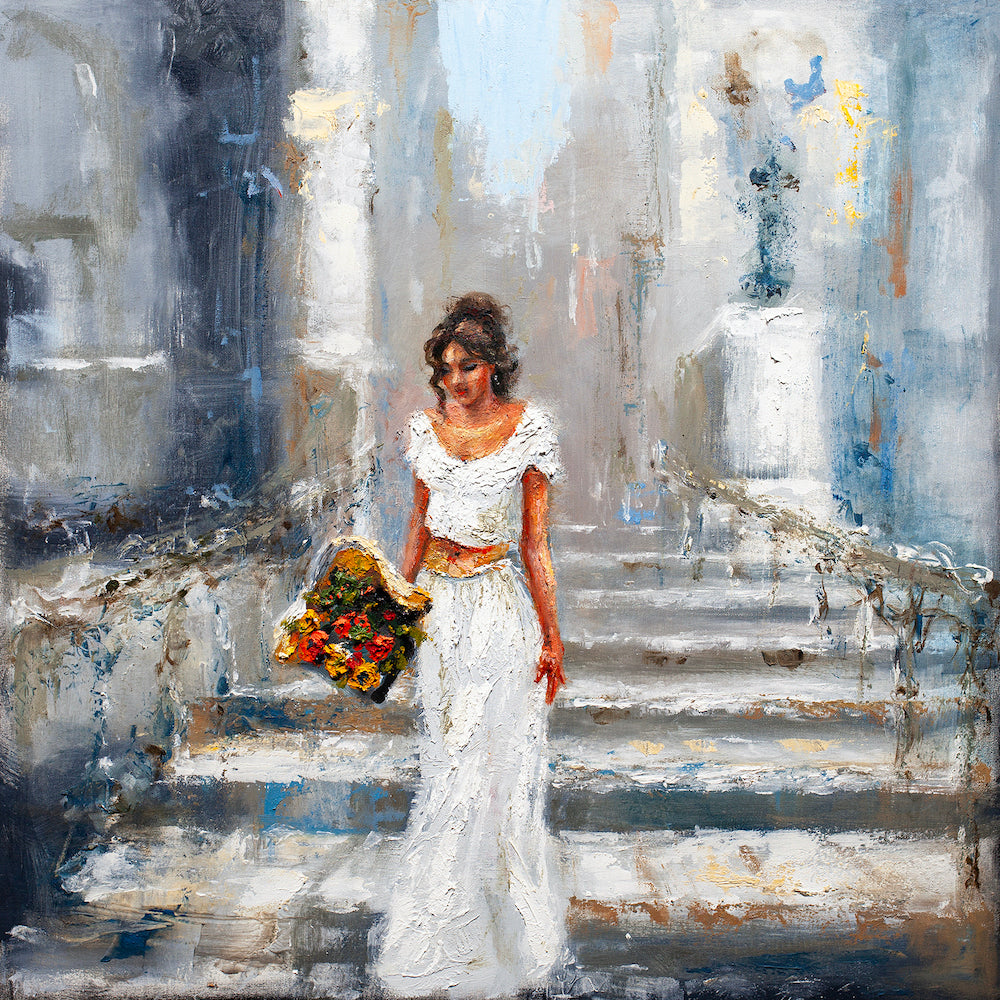 Fine art figurative painting of a woman in a white dress holding vibrant flowers, set against textured blue and gray. - Passion Flower/AP/#551 - Artist Proofs, Figurative AP, Floral AP, Rolled Canvas