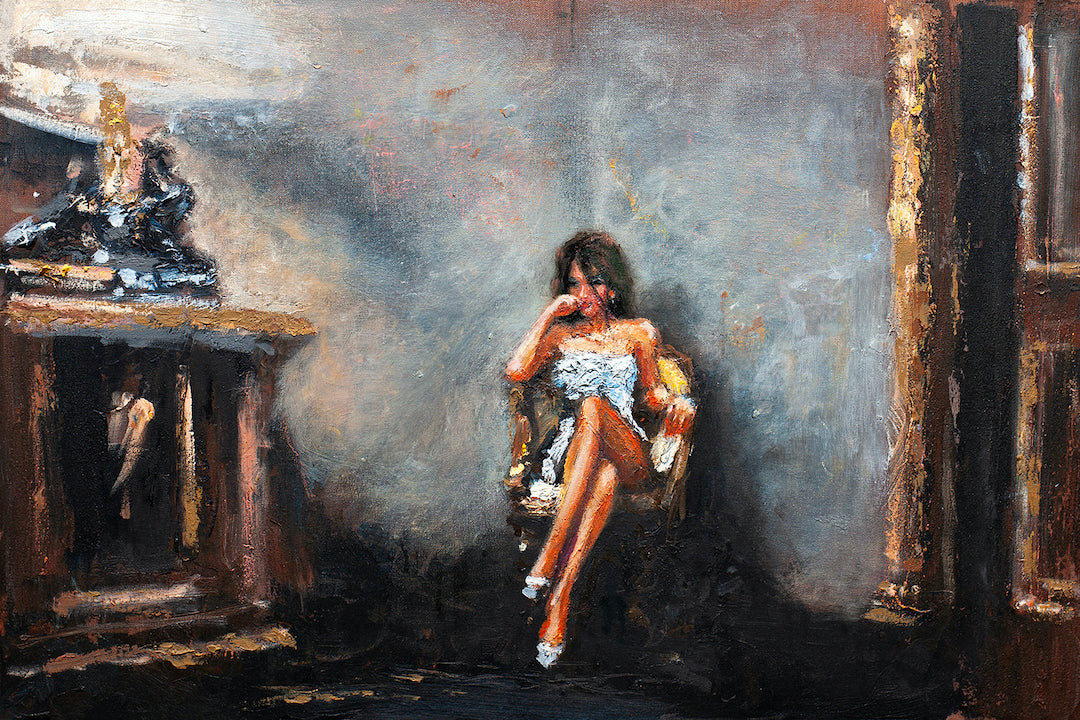 Limited fine art gallery-level figurative painting on rolled canvas, rich textured brushstrokes, woman seated in vintage. - Storm Before the Calm/AP/#552 - Artist Proofs, Figurative AP, Rolled Canvas