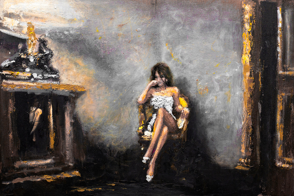 Rich, limited fine art print of a solitary woman in white, seated on an orange chair against a gray, textured wall with dark . - Storm Before the Calm/#552/A - Color, Figurative, Oranges, Prints, Subject Matter, Yellows