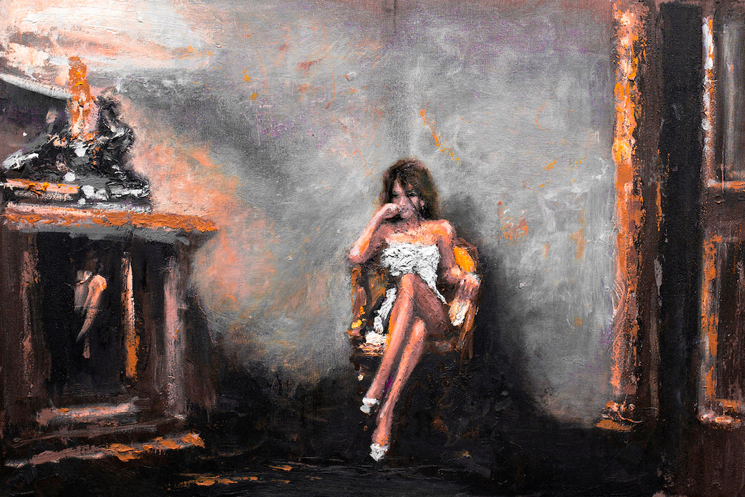 Limited edition fine art print depicting a solitary woman in a white dress seated on a chair, surrounded by rich orange and. - Storm Before the Calm/#552/B - Color, Figurative, Oranges, Prints, Subject Matter