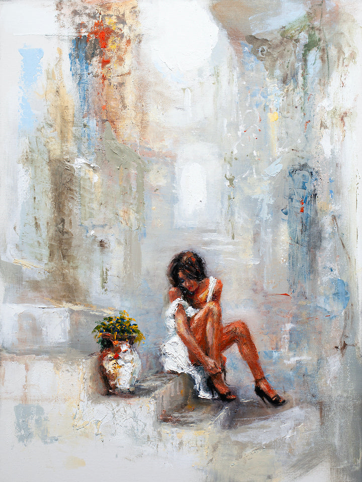 Gallery-level fine art painting of a seated woman in a white dress, rich textured background with floral accents and soft. - Festival Day/AP/#553 - Artist Proofs, Figurative AP, Floral AP, Rolled Canvas
