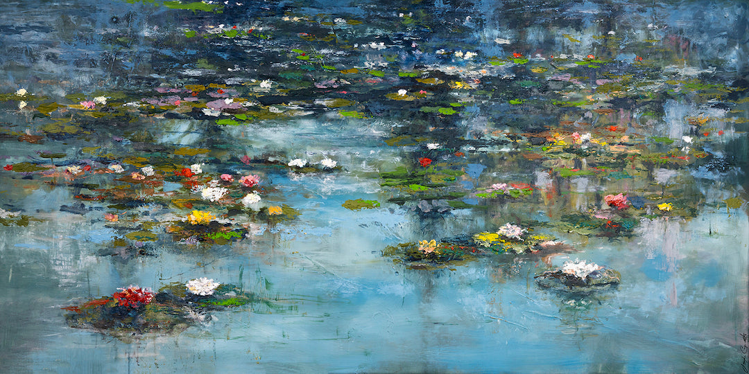 Limited fine art canvas featuring a rich, detailed lily pond landscape with vibrant water lilies and reflective water,. - Lily Pond/AP/#554 - Artist Proofs, Landscape AP, Rolled Canvas, Water Scenes AP