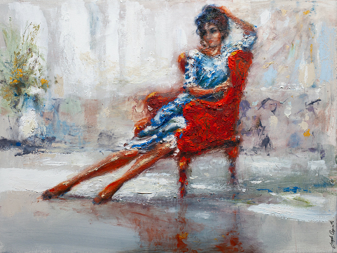 Rich fine art figurative painting of a contemplative woman in a blue dress seated on a vibrant red chair against a soft,. - Centerpiece/AP/#555 - Artist Proofs, Figurative AP, Rolled Canvas