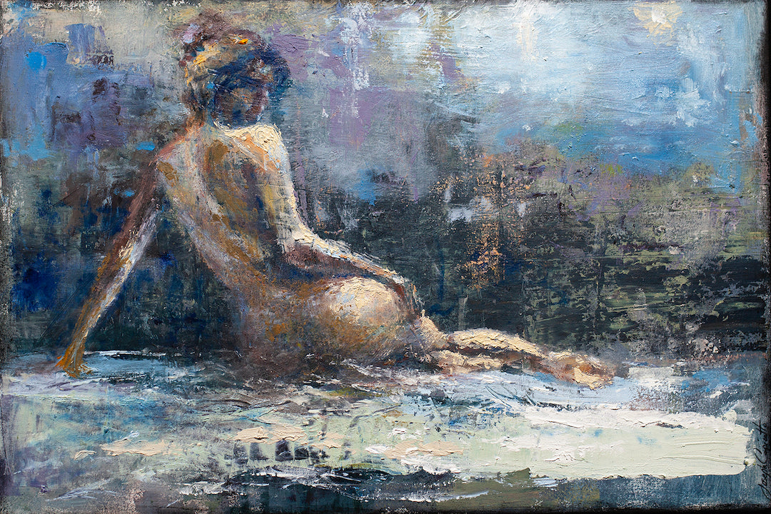 Limited edition figurative fine art painting of a reclining nude woman on textured canvas, showcasing rich color palette and . - Moonlight Model/AP/#556 - Artist Proofs, Figurative AP, Rolled Canvas