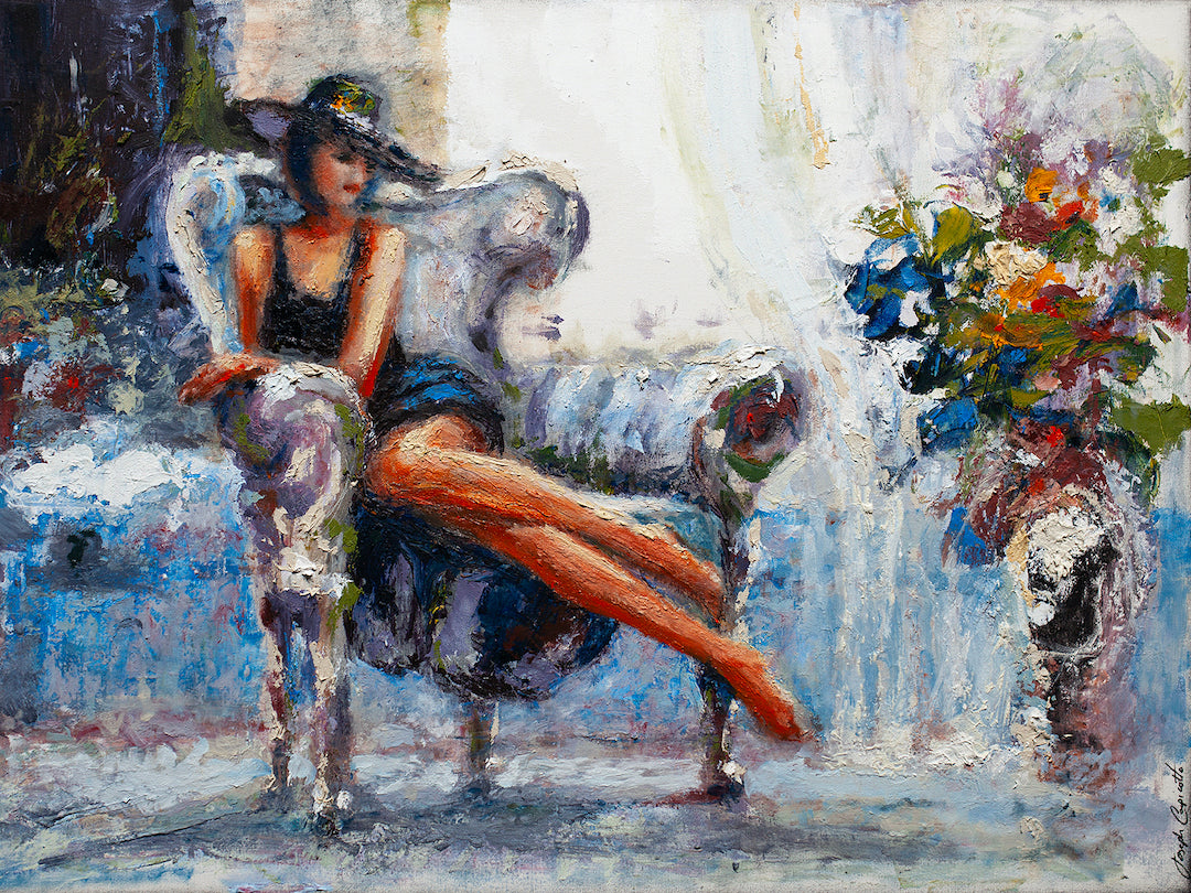 Richly textured fine art painting of a woman in a hat reclining on an ornate armchair, vibrant florals in a vase nearby,. - Black Magic/AP/#557 - Artist Proofs, Figurative AP, Rolled Canvas