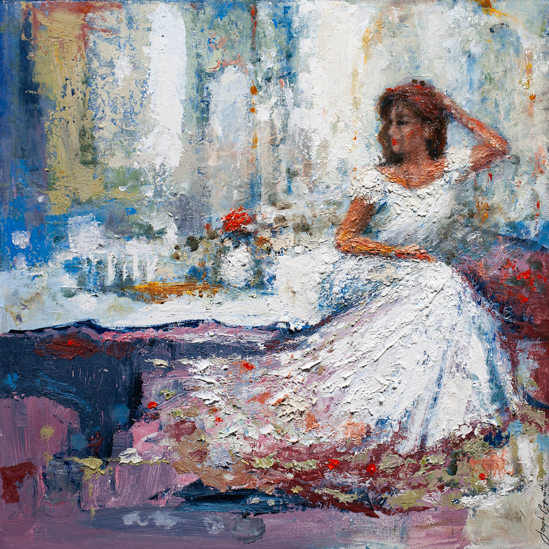 Fine art canvas featuring a figurative woman in a flowing white dress seated with hand raised, rich textured brushstrokes,. - Impressionata/AP/#558 - Artist Proofs, Figurative AP, Rolled Canvas