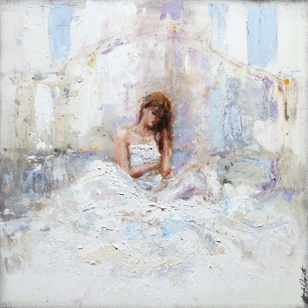 Fine art figurative painting of a seated woman in a flowing white dress with soft pastel and neutral tones, showcasing rich. - Fairytale/AP/#559 - Artist Proofs, Figurative AP, Rolled Canvas