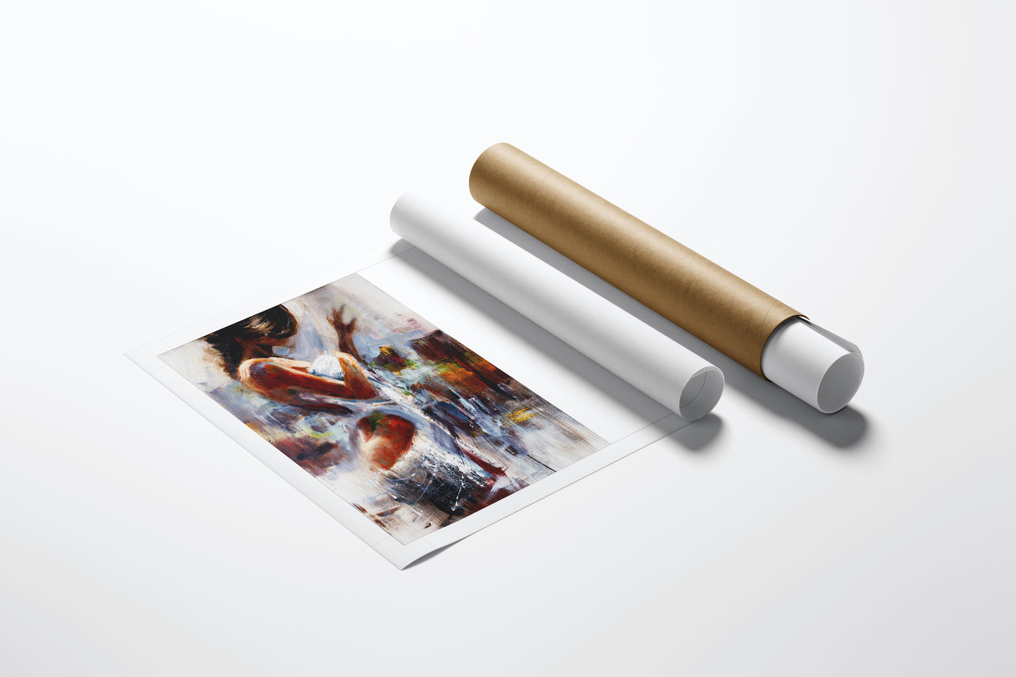 Limited edition fine art print "Afterglow/AP/#55" with rich figurative design, shown unframed on white surface next to white . - Afterglow/AP/#55 - Artist Proofs, Figurative AP, Rolled Canvas