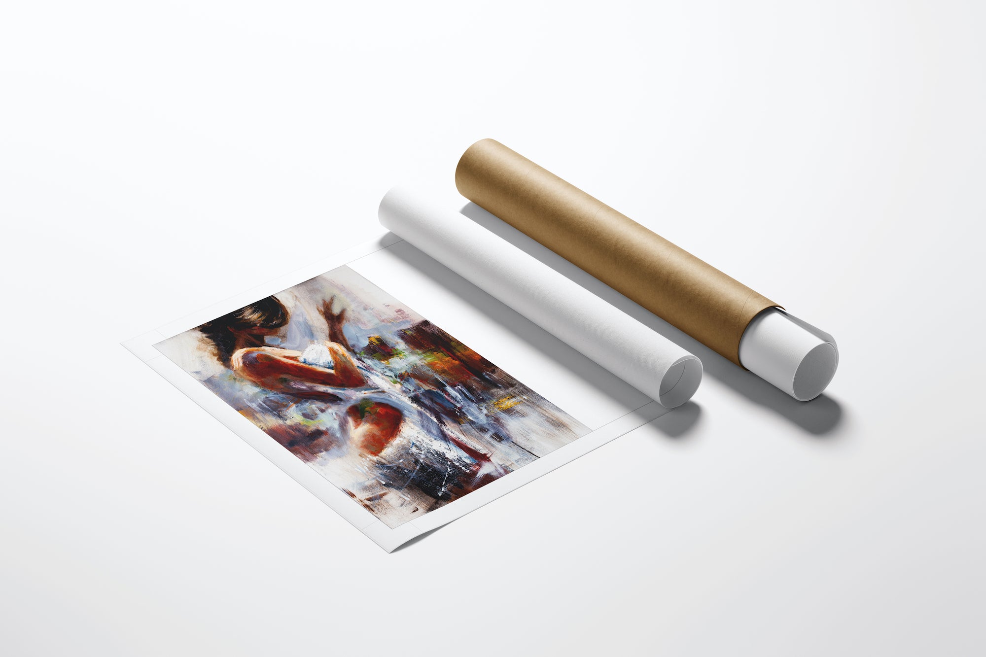 Limited edition fine art print "Afterglow/AP/#55" with rich figurative design, shown unframed on white surface next to white . - Afterglow/AP/#55 - Artist Proofs, Figurative AP, Rolled Canvas