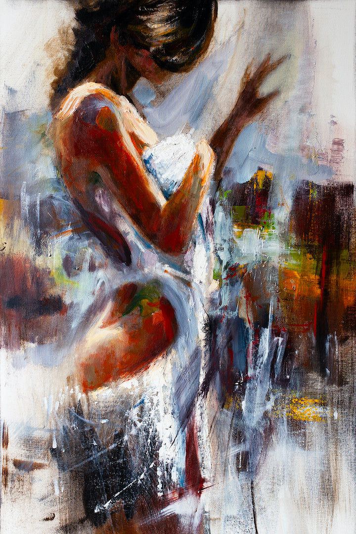 Figurative fine art painting of a woman in white dress, rich brushstrokes, warm and cool tones, gallery-level craftsmanship. - Afterglow/AP/#55 - Artist Proofs, Figurative AP, Rolled Canvas