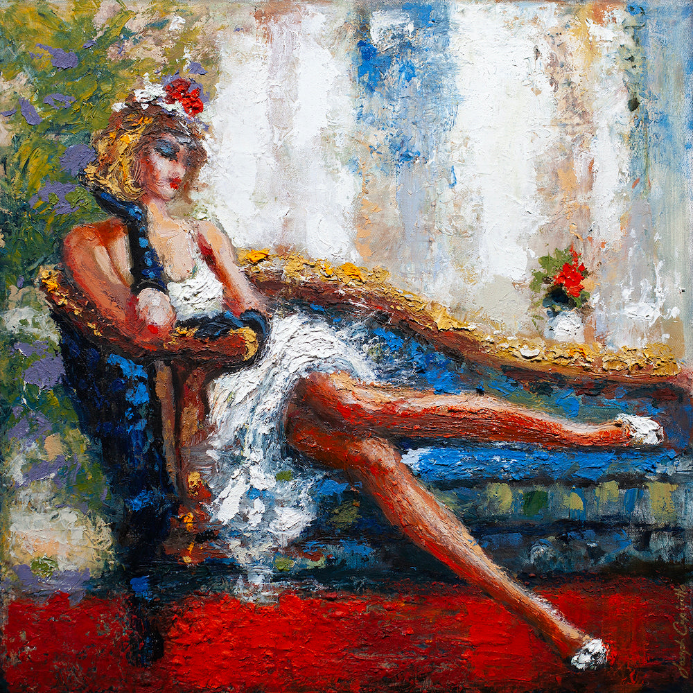 Gallery-level fine art painting of a reclining woman in white dress, rich texture, vibrant blues and reds, showcasing expert . - French Impression/AP/#560 - Artist Proofs, Figurative AP, Rolled Canvas