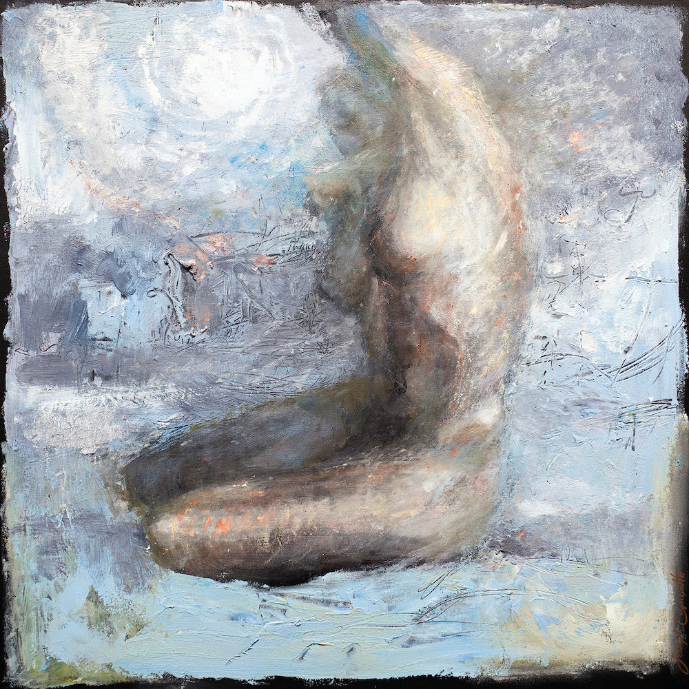 Gallery-level fine art painting of a seated nude figure in soft, muted tones with rich texture and expert craftsmanship on. - Solar Energy/AP/#561 - Artist Proofs, Figurative AP, Rolled Canvas
