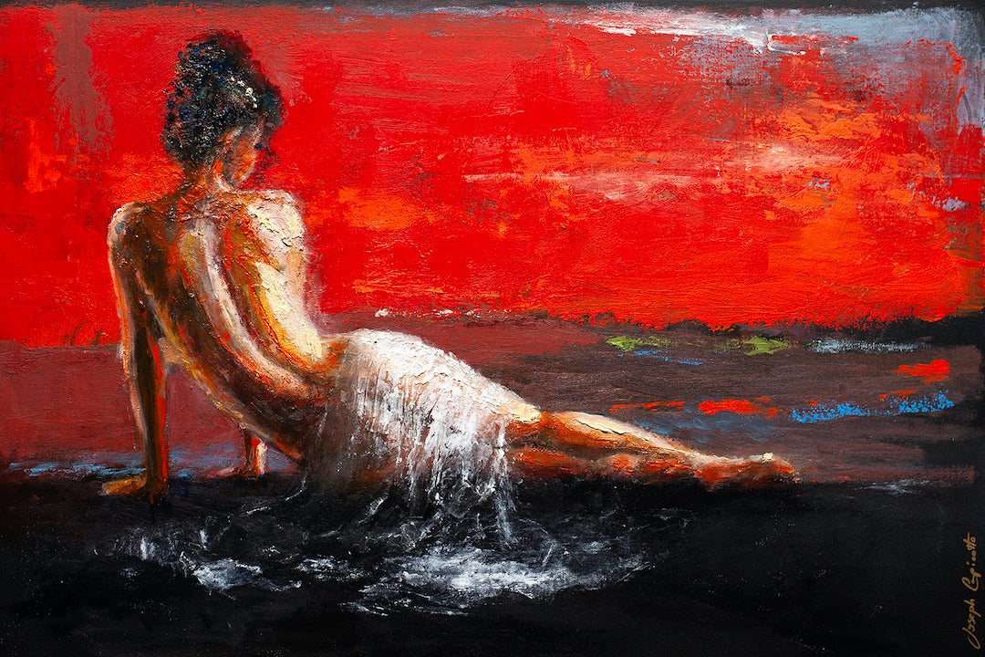 Limited fine art canvas featuring a rich red horizon backdrop with a gallery-level figurative nude woman seated on dark. - Red Horizon/AP/#562 - Artist Proofs, Figurative AP, Rolled Canvas