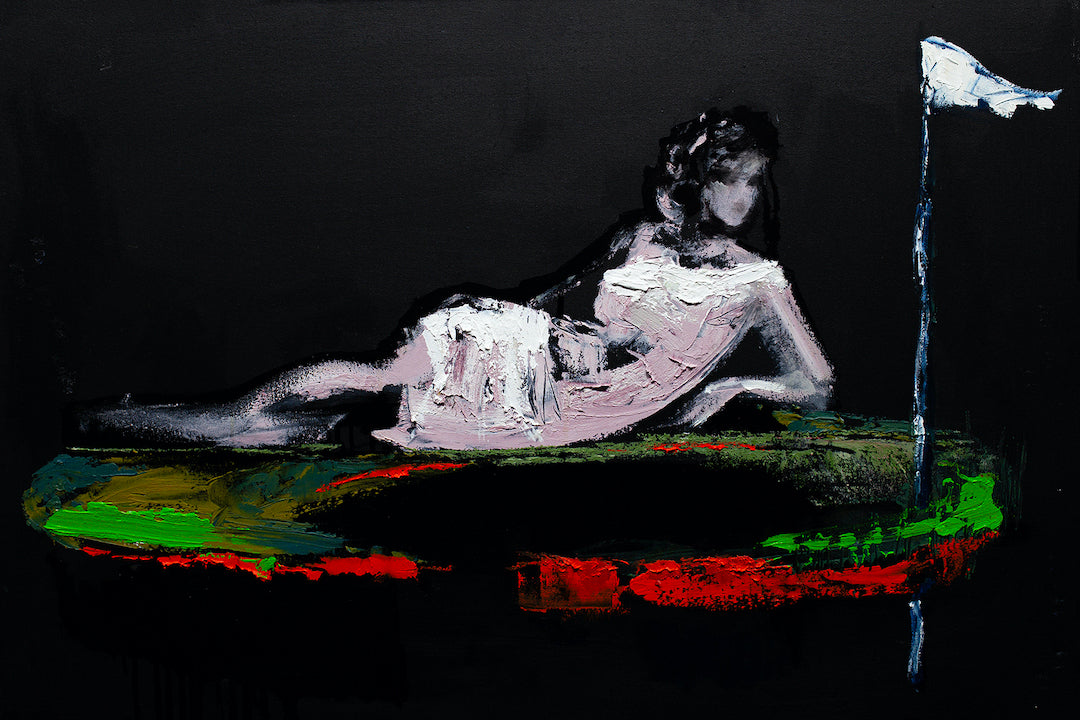 Limited edition fine art canvas depicting a figurative woman reclining on a dark, abstract green and red surface with rich,. - Birdie/AP/#564 - Artist Proofs, Figurative AP, Rolled Canvas