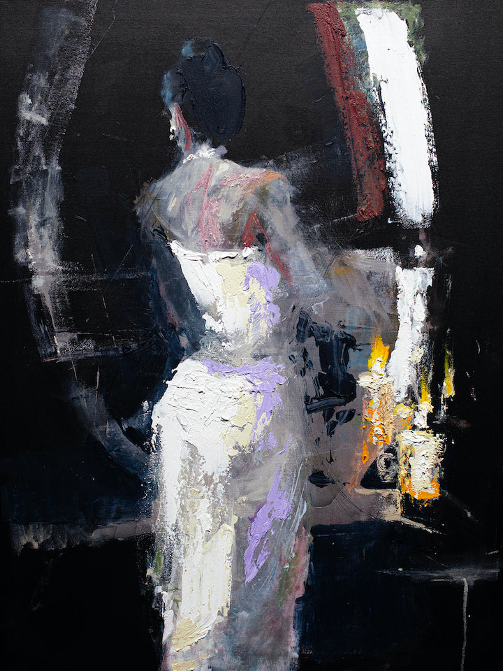 Limited edition fine art canvas featuring a gallery-level figurative abstract painting of a woman in a white dress with dark . - Black Mirror/AP/#565 - Artist Proofs, Figurative AP, Rolled Canvas