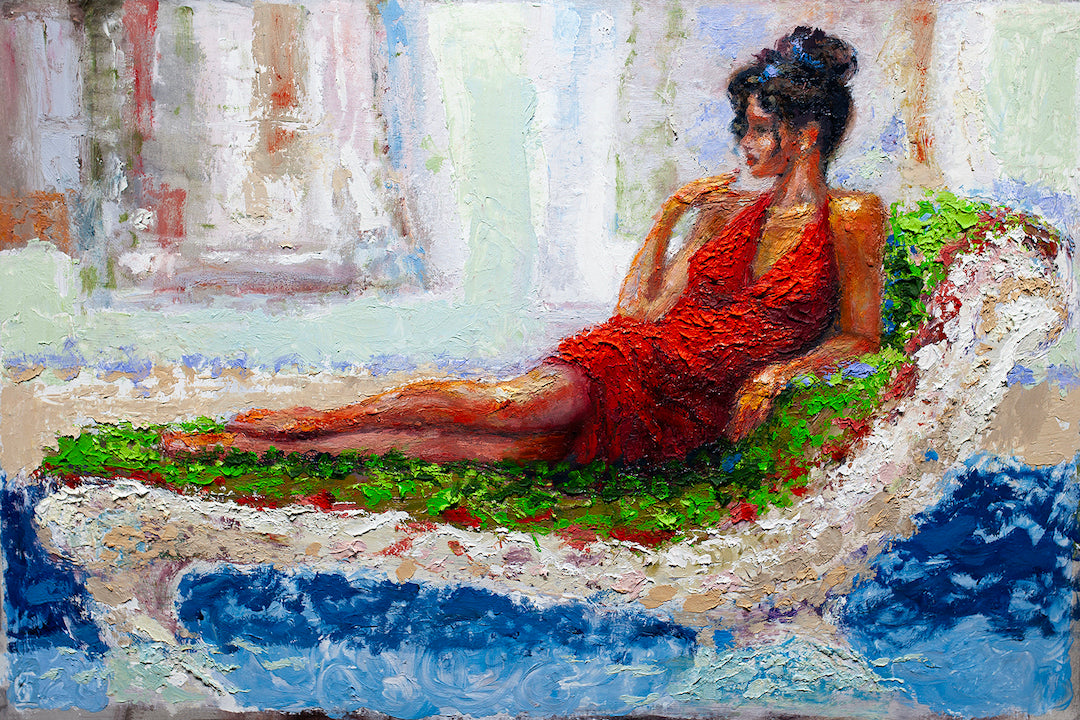 Richly textured fine art painting of a woman reclining on an ornate white chaise lounge, wearing a vibrant red dress, set. - Birth of Ennis/AP/#566 - Artist Proofs, Figurative AP, Rolled Canvas