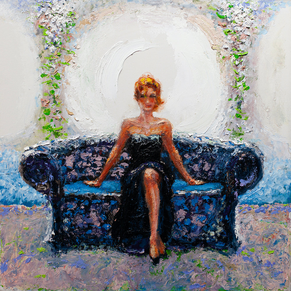 Richly textured fine art painting of a woman in a black dress seated on a deep blue loveseat under floral arches, showcasing . - In the Garden/AP/#567 - Artist Proofs, Figurative AP, Rolled Canvas