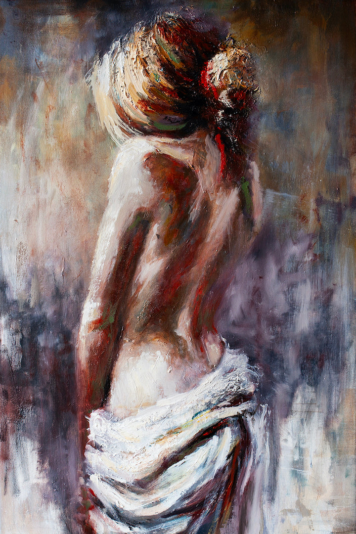 Limited fine art canvas featuring a rich, gallery-level figurative painting of a woman’s back wrapped in a textured white. - Innocence/AP/#56 - Artist Proofs, Figurative AP, Rolled Canvas