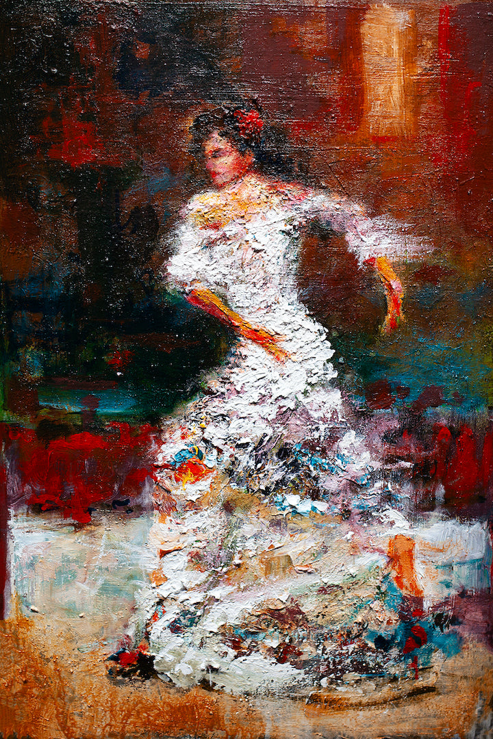Richly textured fine art canvas featuring a dynamic flamenco dancer in a white flowing dress with vibrant red and dark. - Ole!/AP/#572 - Artist Proofs, Dancers AP, Figurative AP, Rolled Canvas