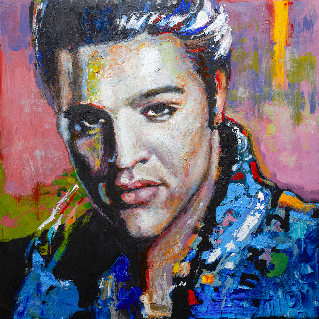 Rich, gallery-level fine art portrait of Elvis with textured brushstrokes in vibrant blues, pinks, and yellows, showcasing. - Elvis/AP/#573 - Artist Proofs, Figurative AP, Rolled Canvas