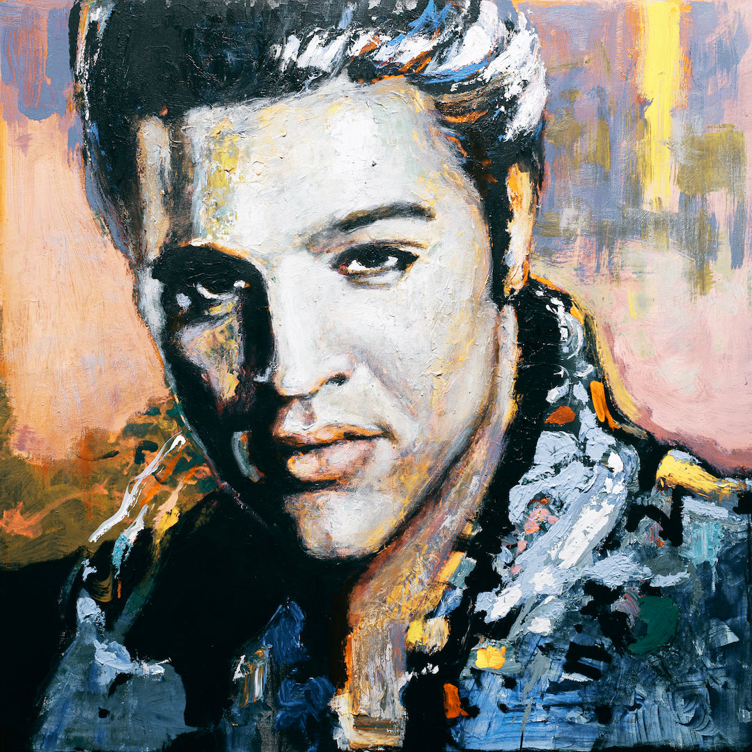 Fine art portrait of Elvis Presley with rich blues and oranges, showcasing gallery-level craftsmanship and limited edition. - Elvis/#573/A - Blues, Color, Figurative, Oranges, Prints, Subject Matter