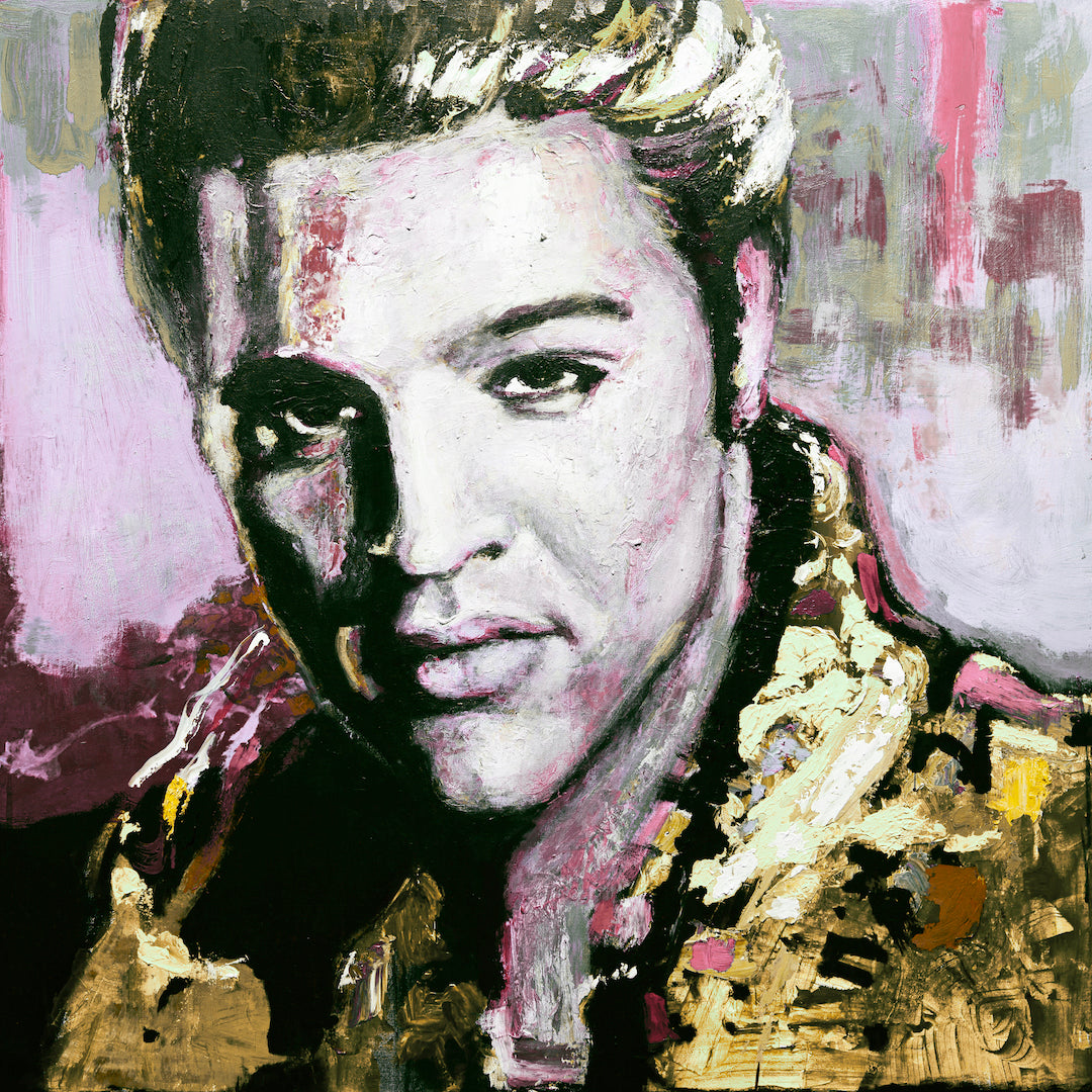 Rich fine art portrait of Elvis with expressive purples, yellows, and textured brushwork showcasing gallery-level. - Elvis/#573/B - Color, Figurative, Prints, Purples, Subject Matter, Yellows