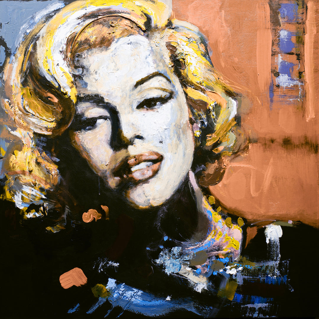 Rich fine art portrait of Marilyn Monroe in vibrant blues, yellows, and oranges with gallery-level craftsmanship. - Marilyn/#574/A - Blues, Color, Figurative, Oranges, Prints, Subject Matter, Yellows