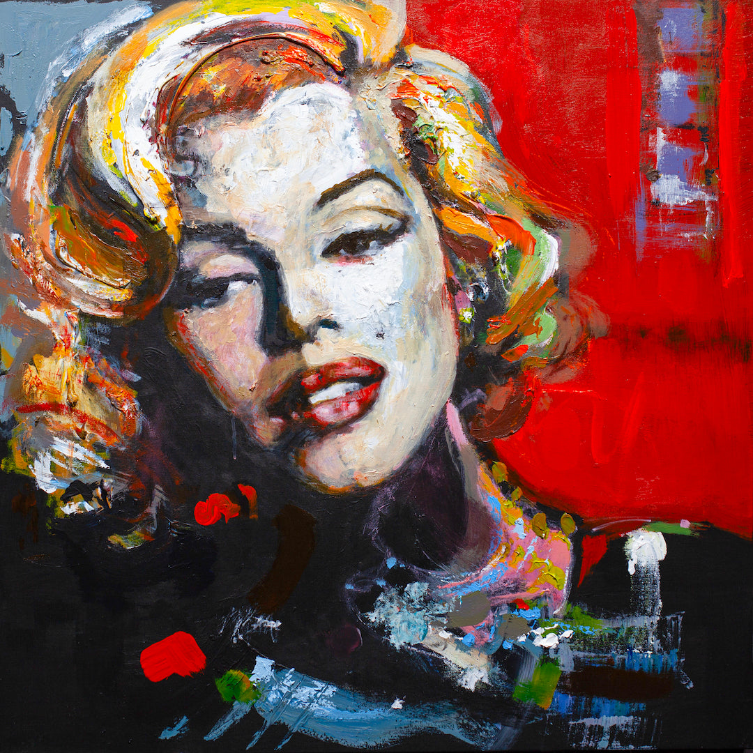 Limited fine art portrait of Marilyn Monroe with rich red background, expressive brushstrokes, and gallery-level. - Marilyn/AP/#574 - Artist Proofs, Figurative AP, Rolled Canvas