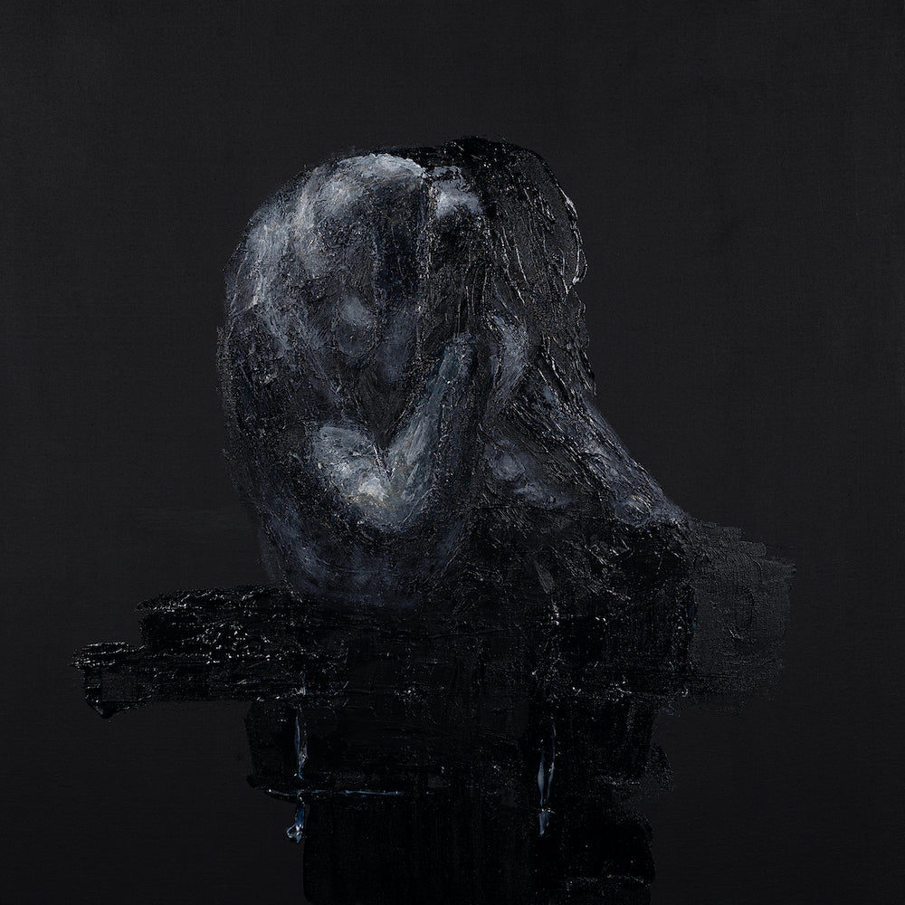 Dark, rich figurative sculpture art in blue-black hues with expressive texture, showcasing fine craftsmanship and. - Dark Secret (sculpture series)/AP/#575 - Artist Proofs, Figurative AP, Rolled Canvas