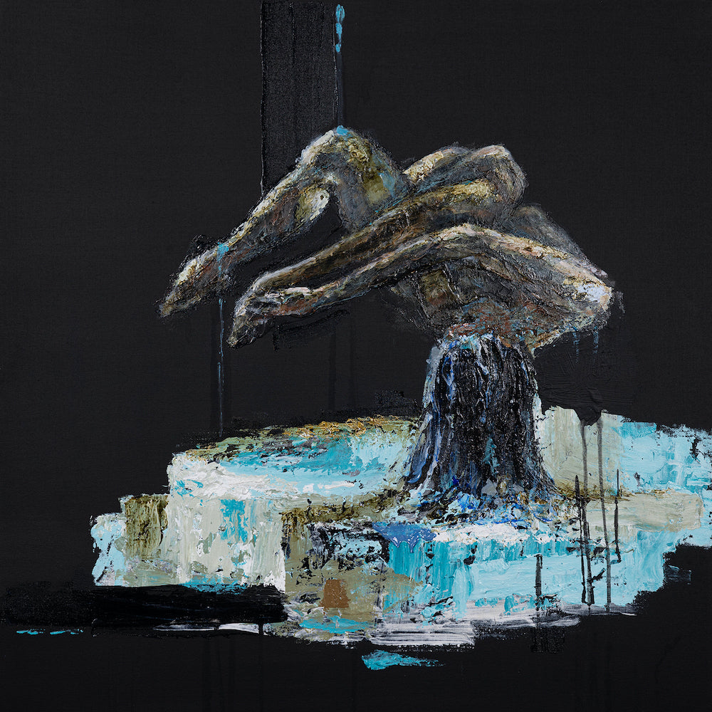 Gallery-level fine art sculpture with rich, textured figurative form in muted earth tones on a dark, quality-crafted. - Waterfall (sculpture series)/AP/#576 - Artist Proofs, Figurative AP, Rolled Canvas