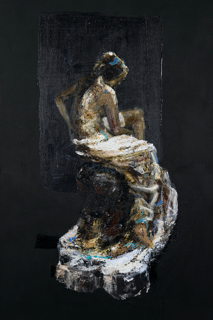 Limited edition fine art sculpture depicting a seated female figure with rich textures and exceptional craftsmanship against . - Grounded (sculpture series)/AP/#577 - Artist Proofs, Figurative AP, Rolled Canvas