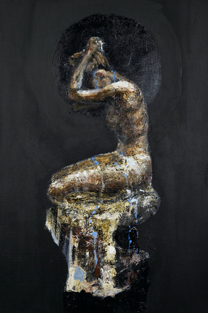 Limited gallery-level fine art sculpture series depicting a rich, textured, seated male figure with intricate craftsmanship. - Midnight Splash (sculpture series)/AP/#578 - Artist Proofs, Figurative AP, Rolled Canvas