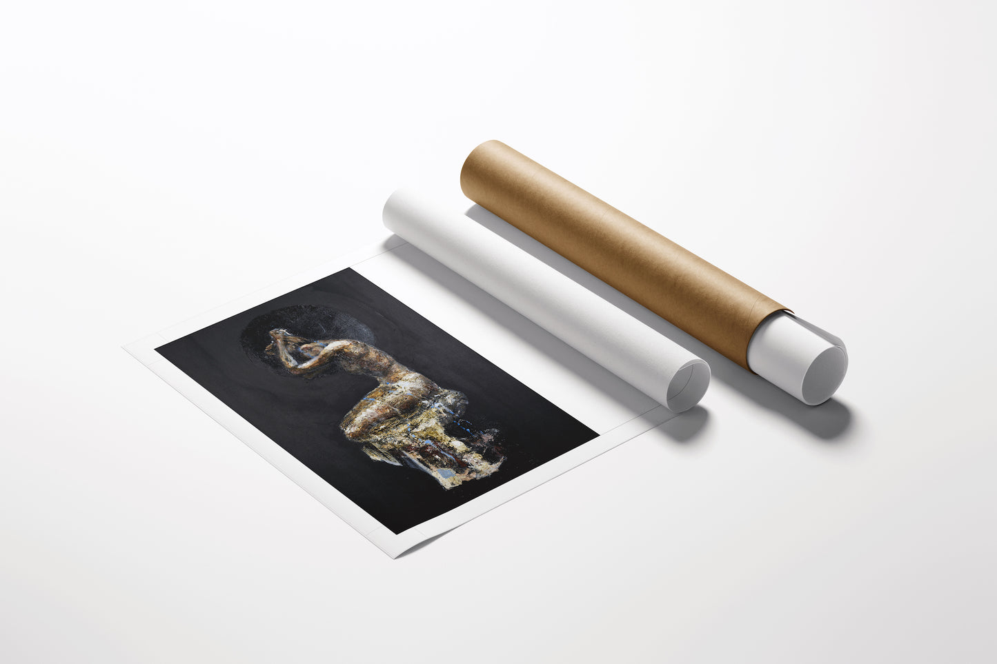 Limited edition fine art print featuring a rich, figurative sculpture in gold and black tones on deep black background,. - Midnight Splash (sculpture series)/AP/#578 - Artist Proofs, Figurative AP, Rolled Canvas