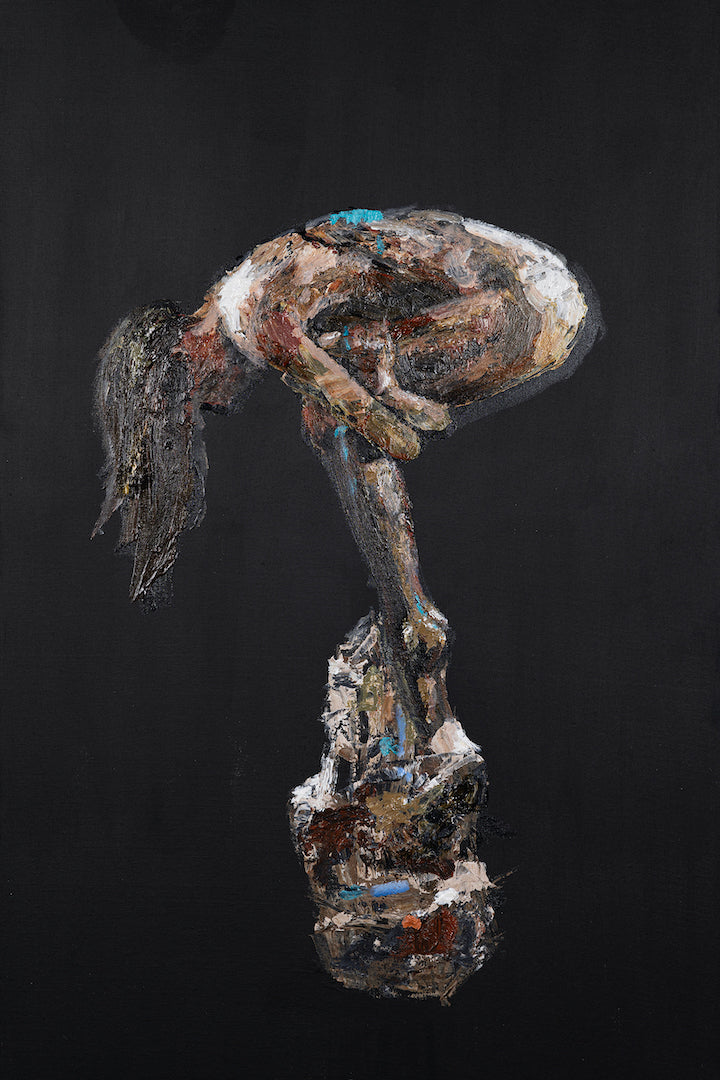 Richly textured figurative sculpture depicting a crouched human figure balancing on a textured base, showcasing exceptional. - Balanced (sculpture series)/AP/#579 - Artist Proofs, Figurative AP, Rolled Canvas