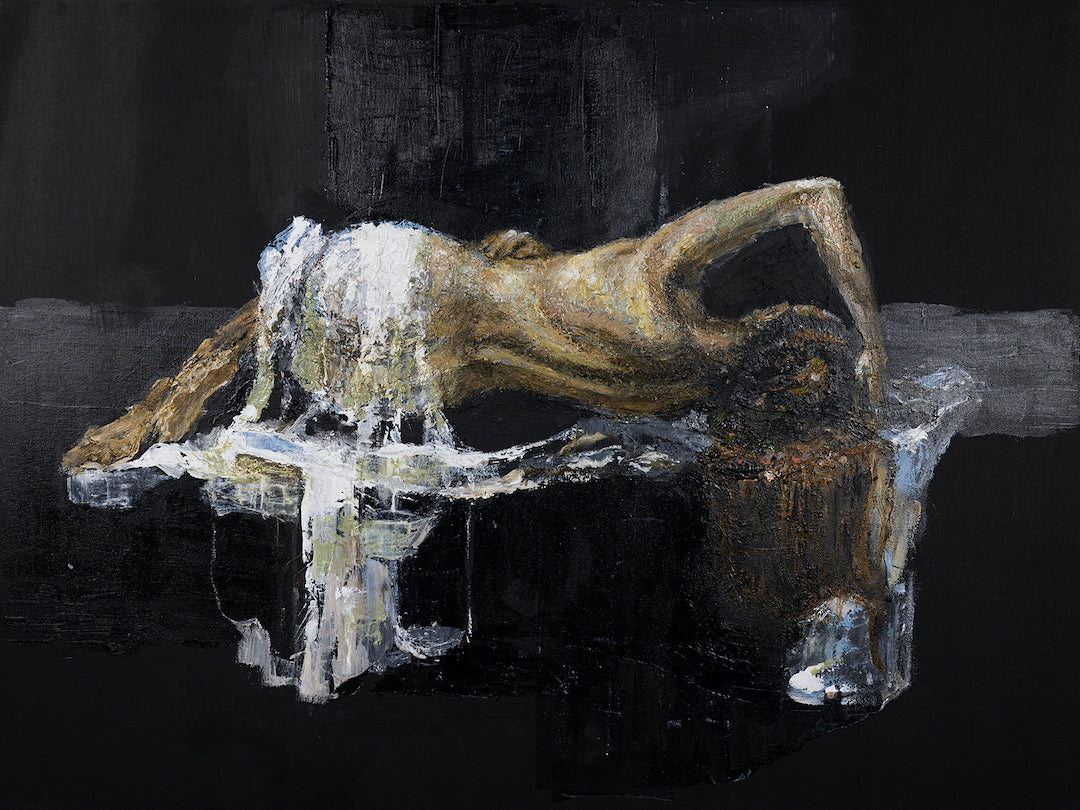 Figurative fine art sculpture with rich earth tones, textured brushstrokes, and gallery-level craftsmanship on dark. - Dream Bath (sculpture series)/AP/#580 - Artist Proofs, Figurative AP, Rolled Canvas